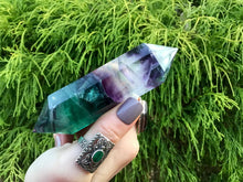 Load image into Gallery viewer, Fluorite Wand Clear Double Terminated Big 5.4 oz. Generator ~ 4&quot; Long ~ Sparkling Green, Purple, Blue Rainbow Colors ~ Reiki Altar Display