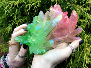 Aura Quartz Crystal Large 2 Lb. 12 oz. Cluster ~ 6" Long ~ Electric Pink & Green Points ~ Rainbow Iridescent Sparkly Points ~ Fast Shipping