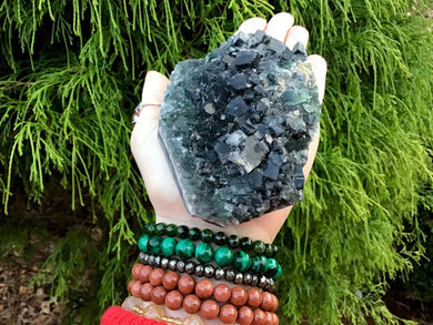 Fluorite Crystal Big 12 oz. Cluster ~ 4“ Long ~ Black & Green Colors ~ Sparkling Matrix ~ Sacred Geometry Formation ~ Fast Free Shipping