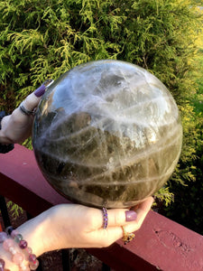 Smokey Citrine Quartz Large 24 lb. Crystal Ball ~ 8" Wide ~ Big Swirling White Bands ~ Sparkling Silver Golden Inclusions ~ Fast Shipping