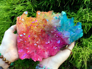 Elestial Aura Quartz Crystal Large 4 lb. 12 oz. Cluster ~ 7" Long ~ Rainbow Iridescent Electric Orange, Pink & Blue Points ~ Fast Shipping