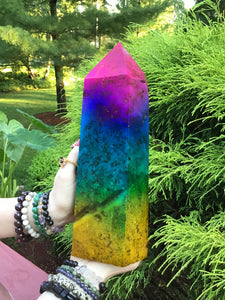 Rainbow Aura Fluorite Crystal Large 10 lb. Generator  ~ 11" Tall ~ Pink, Blue, Green Colors ~ Big Display Tower ~ Fast & Free Shipping
